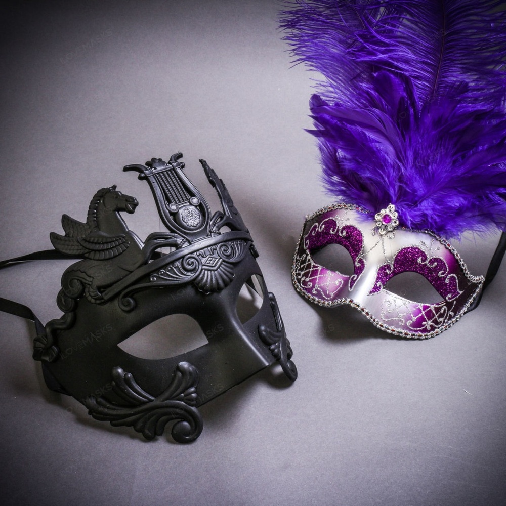 Black Venetian Pegasus w/ Purple Feather Silver Masquerade Couple's Party Masks